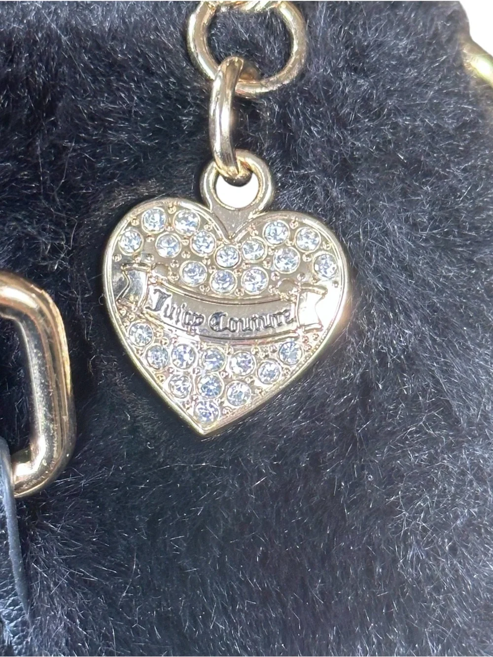 Juicy Couture Let's Get Cozy Black Faux Fur Satchel Purse Heart Logo No Flaws